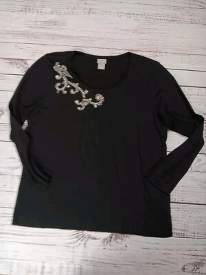 Chico's Top Women's Sz 3 Xlarge Black Bling Rhinestone Scoop Neck Long Sleeve - Изображение 1 из 4