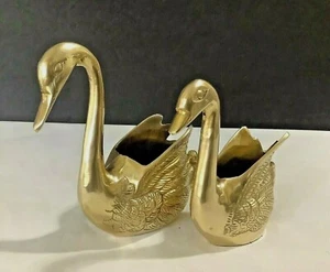 Pair Vintage 2 LBS Solid Brass Swans 5-3/4” Tall Figurines - Picture 1 of 5