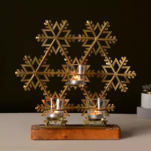 Golden Christmas Snowflake 3 Glass Candle Holder on Stand Brass Tealight Holder. - Picture 1 of 7
