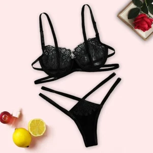 Damas Mujeres Pestañas Encaje Sujetador Inalámbrico Sexy Lencería Calzoncillos Tanga Conjunto Ropa Interior - Imagen 1 de 16