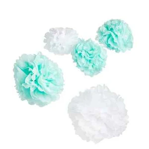 Mint and White Pompom Tissue Paper Decoration Pack of 5 Party Colourful Birthday - Picture 1 of 1