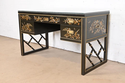 Chinoiserie Hollywood Regency Campaign Black Lacquered Writing Desk by Sligh Cover
