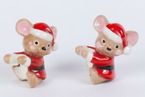 2 Vintage Christmas Mouse Candle Climbers, Porcelain, Santa Mice! Japan? (559R)