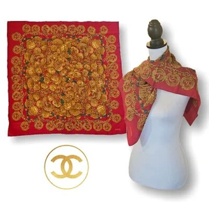 Chanel (Authentic) Red & Gold Jewel Motif 100% Silk 34" Large Vintage Scarf EUC - Picture 1 of 9