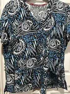Divine Curves Scrub Top Stretch Medical Womens Gray Pink Blue Size 1X - Picture 1 of 9