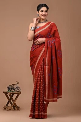Women's Cotton Malmal Traditional Saree Indian Beautiful Party Wear Ethnic Saree - Image 1 of 4