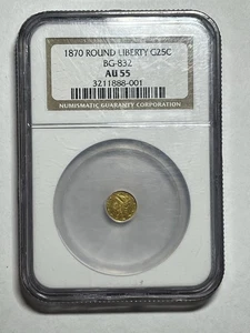 1870 CALIFORNIA FRACTIONAL GOLD 25c QUARTER DOLLAR NGC AU55 BG-832 RARE - Picture 1 of 4