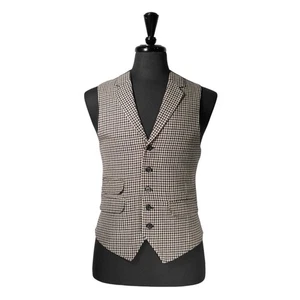 Mens Vest 40R Beige Black Houndstooth Check Wool Waistcoat Formal Wedding Party - Picture 1 of 9