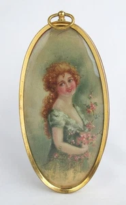 Antique Victorian Hand Painted Framed Silk Lady Holding Cherry Blossoms Portrait - Picture 1 of 6
