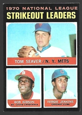 1971 Topps No72 N.L. Strikeout Leaders (Seaver, Gibson, Jenkins) - EX - Изображение 1 из 2