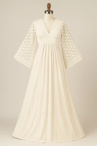 Vtg 70s Boho Cream Lace Bell Sleeves Prairie Maxi Dress Tie Back Women Sz 7/8 - Picture 1 of 14