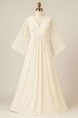 Vtg 70s Boho Cream Lace Bell Sleeves Prairie Maxi Dress Tie Back Women Sz 7/8 - Image 1 of 4