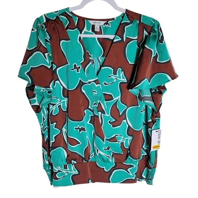 NUEVO Top para mujer Nine West manga acampanada con bandas XL verde marrón tropical floral Foto 1 de 4