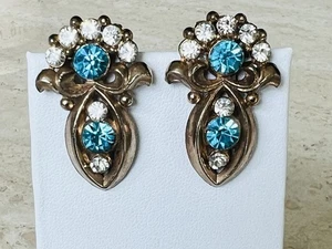 Vintage 30er Jahre ART DECO KLEID CLIPS PAAR goldfarben aquablau Strass - Bild 1 von 11