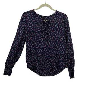 Top campesino Lucky Brand para mujer talla pequeña azul oscuro floral manga globo cuello en V - Imagen 1 de 11