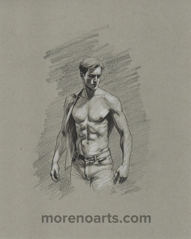 Figura Clásica Masculina Original 8x10 Estudio Medios Mixtos Tinta Dibujo Foto 1 de 1
