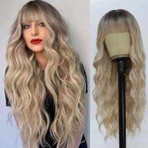 Long Ombre Blonde Wig with Bangs for Women Dirty Blonde Wavy Wigs with Dark R... - Picture 1 of 7
