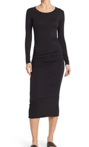 James Perse Midi Dress Women’s 1 Small Black Long Sleeve ruched Minimalist $350 - Picture 1 of 12