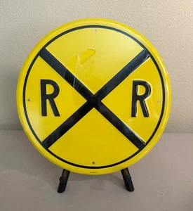 NEW Reproduction Yellow Round Railroad Crossing Tin Sign - FREE SHIPPING - Picture 1 of 4