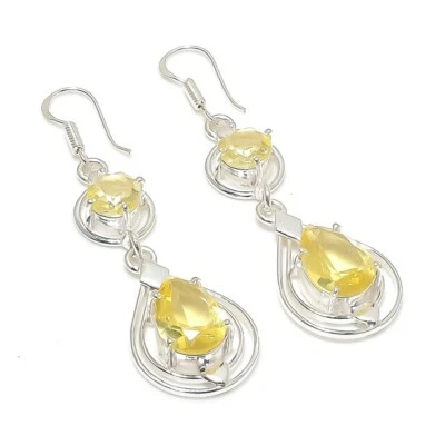 Lemon Quartz Gemstone Handmade 925 Sterling Silver Jewelry Earring Size 2.5" - Image 1 of 2