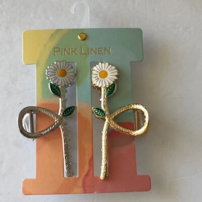 2 pinzas largas para el cabello de lino rosa margarita de metal plateado/dorado peinado 4,5" x 1,5" Foto 1 de 4