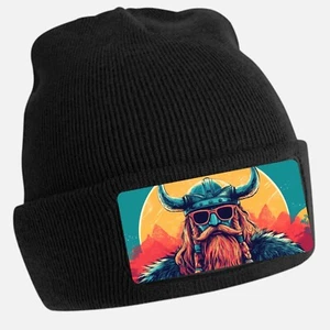 Schwarze Beanie Mütze mit Wikinger mit Sonnenbrille Motiv Unisex Baumwolle - Bild 1 von 1