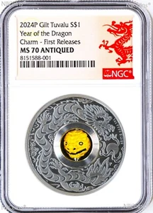 2024 LUNAR Year of Dragon 1oz $1 Silver Rotating Charm Antiqued Coin NGC MS70 FR - Picture 1 of 5