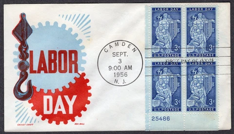 1956 Labor Day (Scott 1082) - Cachet Craft Plate Block FDC MR929 Cover
