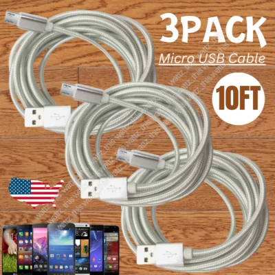 3 Pack 10FT Micro USB Fast Charging Cable For LG Motorola Samsung Android Phone - Image 1 of 4