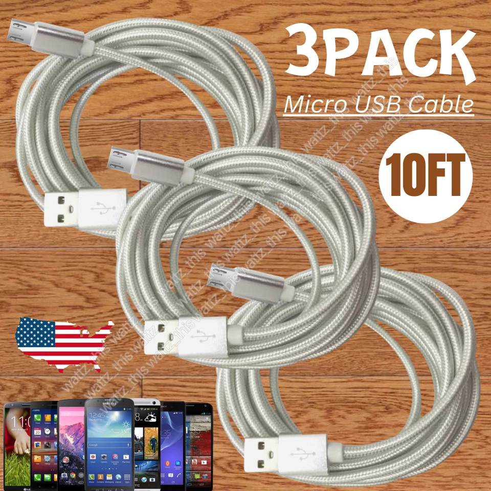 3 Pack 10FT Micro USB Fast Charging Cable For LG Motorola Samsung Android Phone - Image 1 of 4