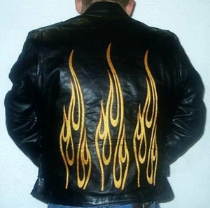 Men's Flame Embroider Leather Biker Jacket #8025F - Picture 1 of 3