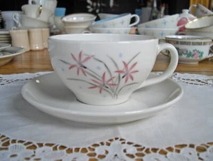 Taza de té rosa vintage Syracuse China despreocupada FLAME LILY + platillo ~ - Imagen 1 de 18