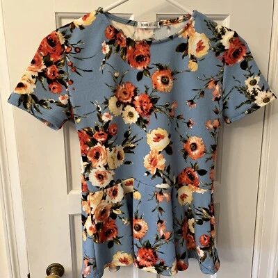 Doublju Womens Floral Blue Poly Short Sleeve Shirt Peplum  Fit And Flare Small - Image 1 of 4