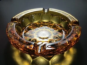 MID CENTURY AMBER GLASS ASHTRAY - FAIRFIELD STARBURST - 6" WIDTH - Picture 1 of 4