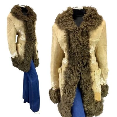 VINTAGE 60s 70s CREAM BROWN EMBROIDERED FLORAL BOHO PENNY LANE SHEARLING COAT 16 - Image 1 of 4