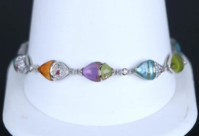 18k White Gold Multi Stone Cabochon Ruby Round Pave Diamond Link Lariat Bracelet - Image 1 of 4