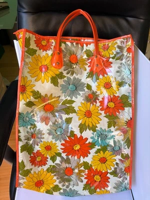 Vintage Vinyl Plastic Daisy Floral Handbag Tote Bag Shopper 1960s - Image 1 of 4
