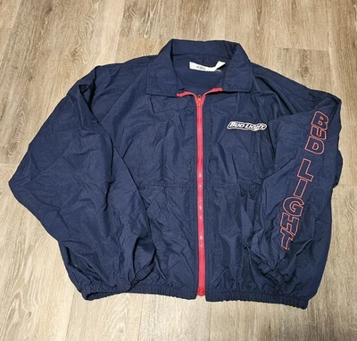 Chaqueta cortavientos Bud Light Beer Promo azul marino rojo cremallera manga deletreada para hombre XL Foto 1 de 4