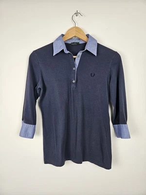Vintage Fred Perry - Camisa Imitación Azul Marino y Azul Manga 3/4 Top - Grande Foto 1 de 4