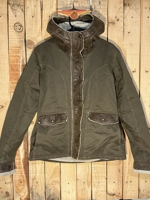 Kuhl Flight Jacket Sherpa Style Italian Fleece Leather Brown w/ Hood Mens Medium - Image 1 of 4