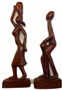 Lot of 2 Vintage African Man Woman Wooden Carved Statues, Tallest 15” - Picture 1 of 6