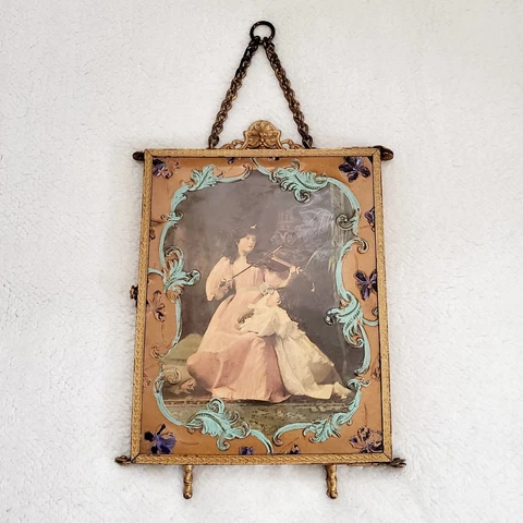 Antique Victorian Plastic Photo & Metal Frame Tri Fold Mirror Wall Hanging Cover