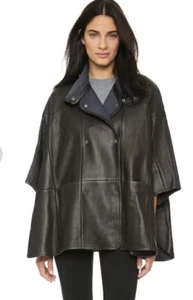 NWT VINCE Black Leather Snap CAPE Coat Jacket Rockabilly Barbiecore Biker - Picture 1 of 21