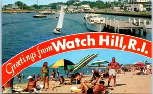 Greetings from WATCH HILL, Rhode Island RI split view Bathers Boats - Postcard - Picture 1 of 2