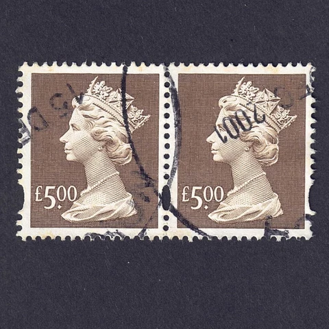 Great Britain MH283 £5 Machin Stamps Used PAIR - Nice Date Cancel - GB UK Cover