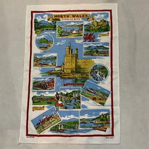 Vintage North Wales Souvenir Geschirrtuch weiß rot Baumwolle British Made - Bild 1 von 13