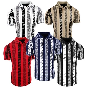 Mens Polo Shirt Luxury Italian Sport Stripe Body Print Slim Fit Golf Stretch - Picture 1 of 5