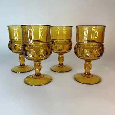 4 Vintage Indiana Glass Kings Crown Thumbprint Amber Goblet Sherry Wine Glasses