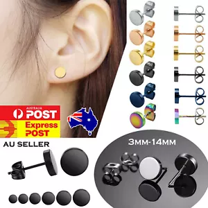 1Pair Flat Disc Round Clasp Ear Stud Earrings Stainless Steel Men Jewelry3-14m - Picture 1 of 27