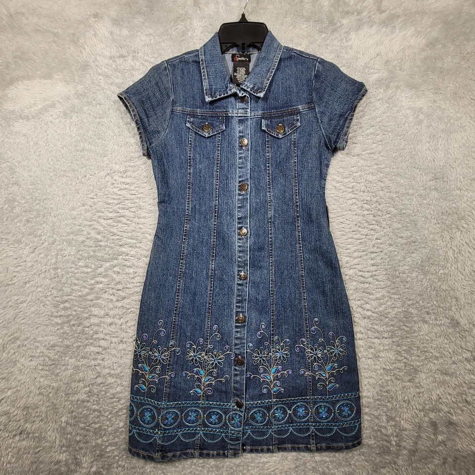 Vestido Denim Niñas Jrs 16 Azul Denim Abotonado Cuello Cintura Corbata Adornada Foto 1 de 4
